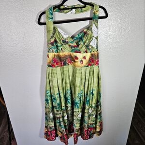 Green Floral Midi Dress with Contrasting Waistband